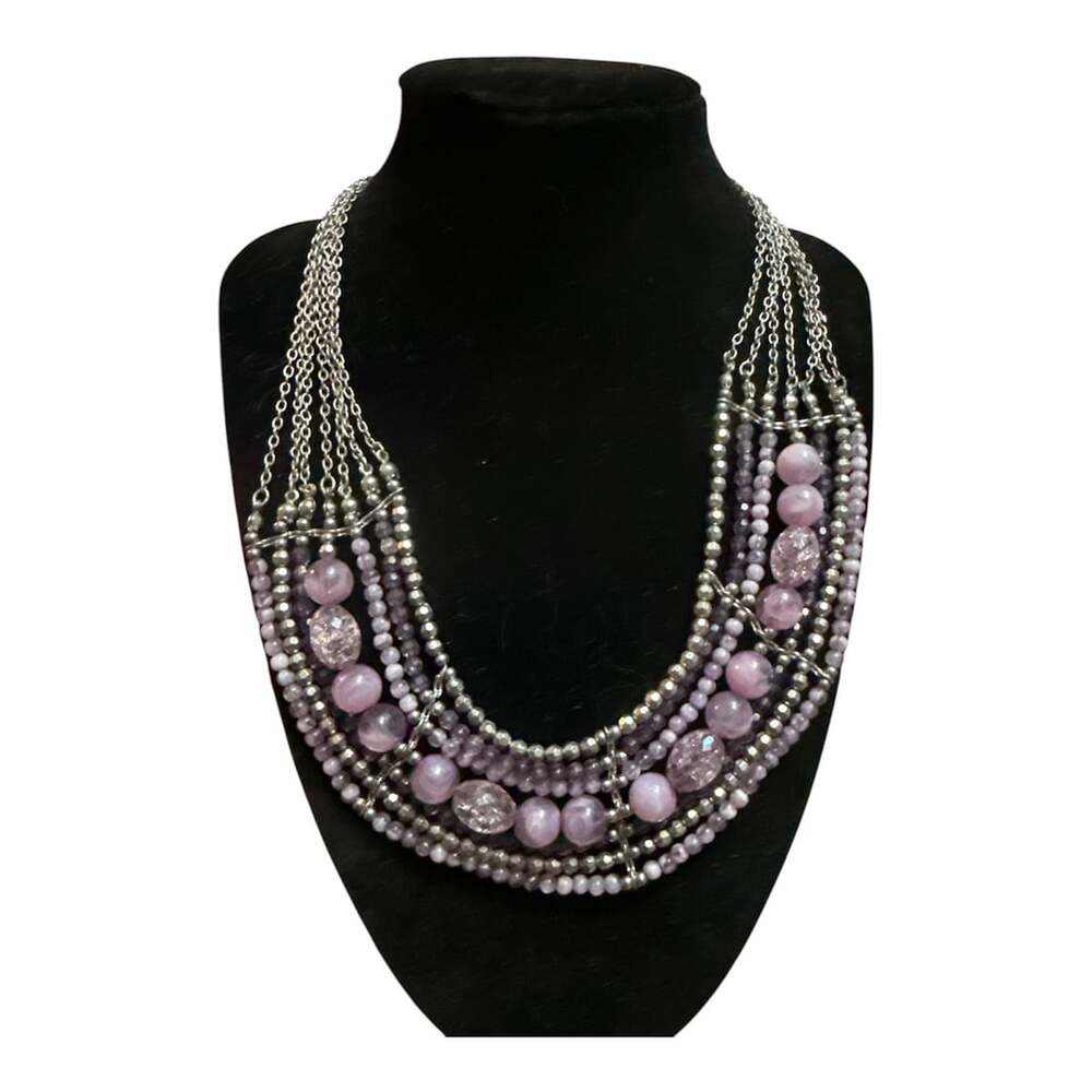 NY&Co Multi Strand Beaded Necklace Silver Tone Purple Beads